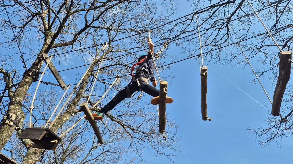 Guest on the treetop course among oak trees at Glavani Park, Istria