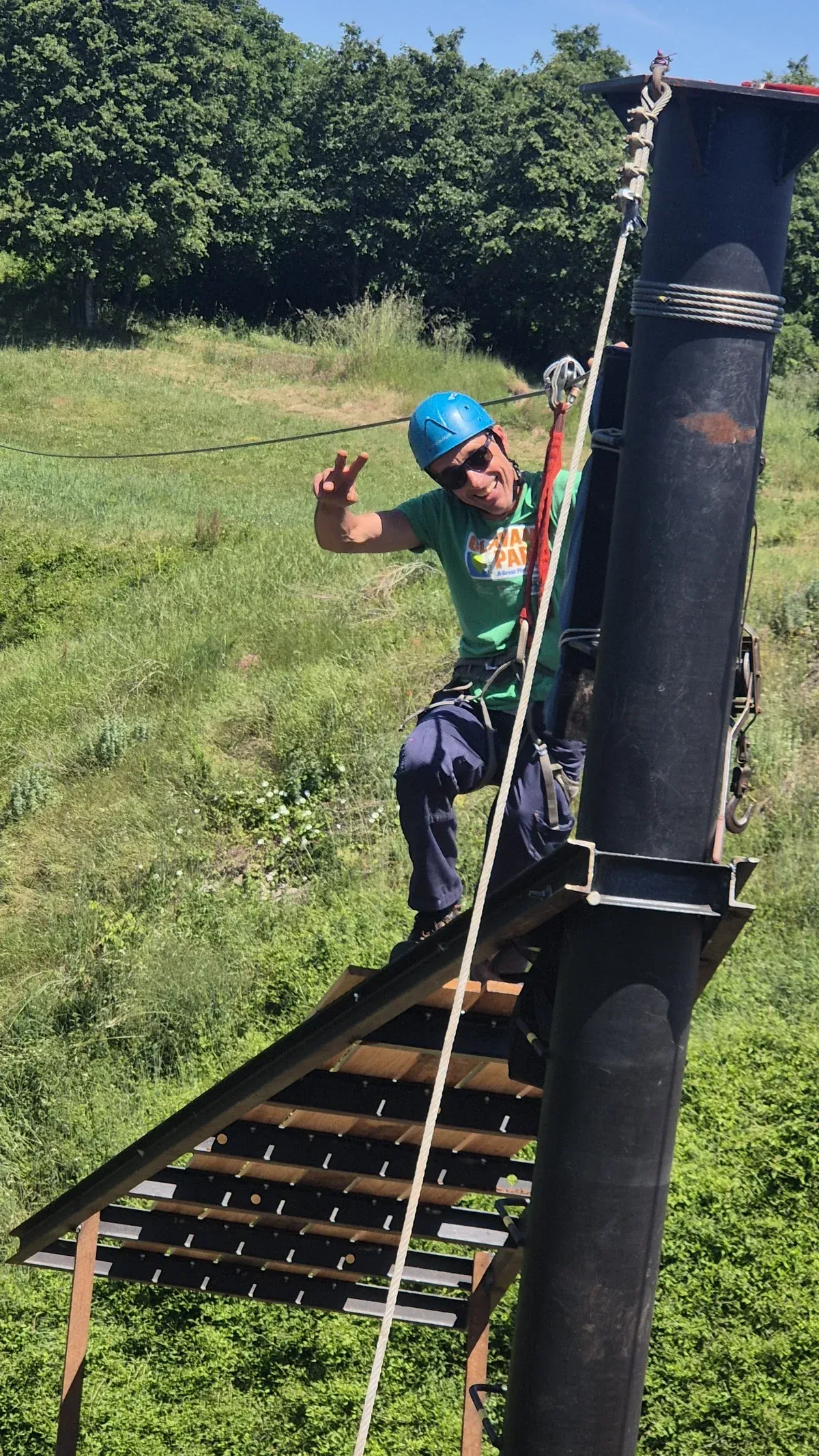 Guest riding the Valley Zipline through the oak forest valley at Glavani Park, Istria